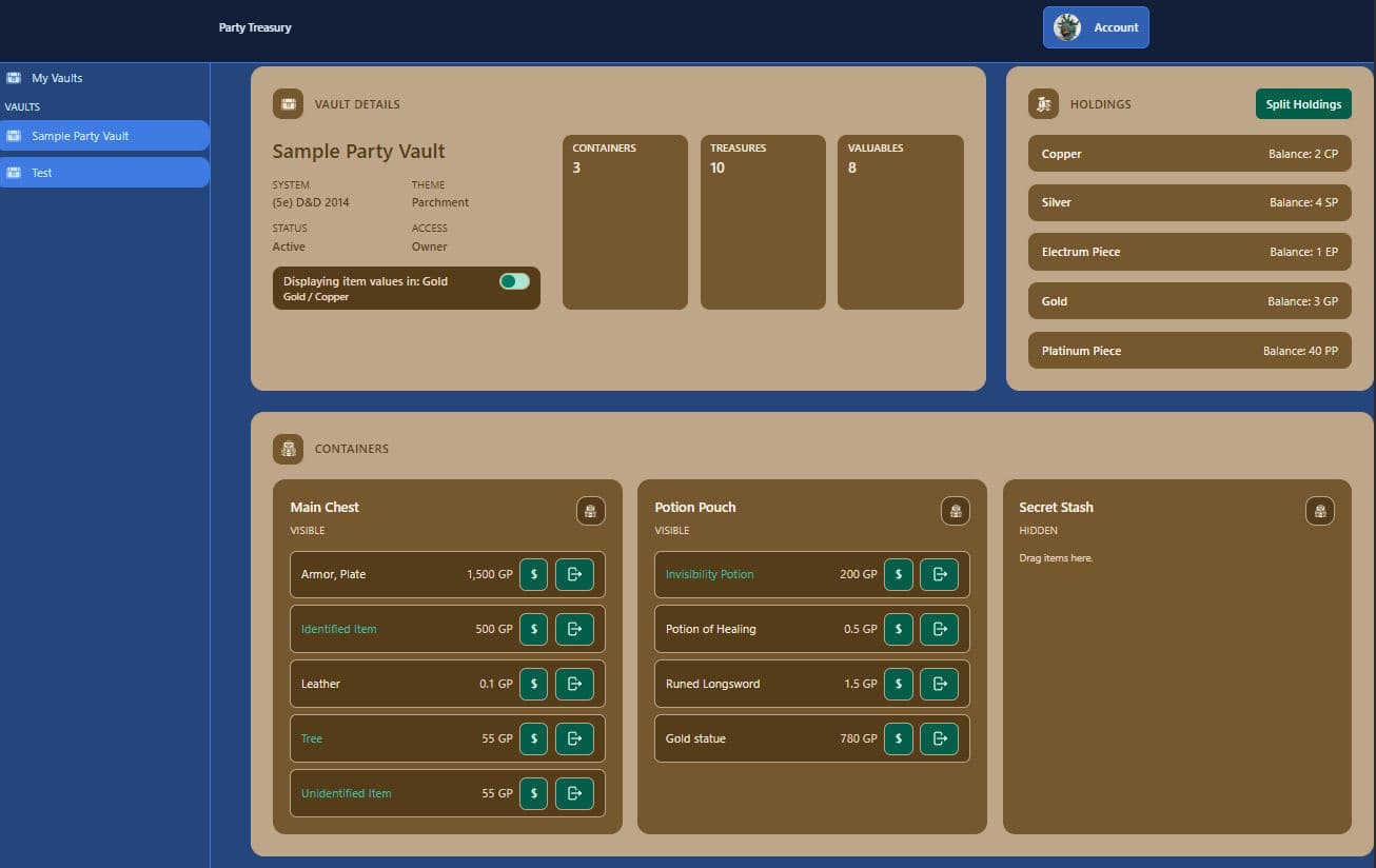 Screenshot preview of Party Treasury